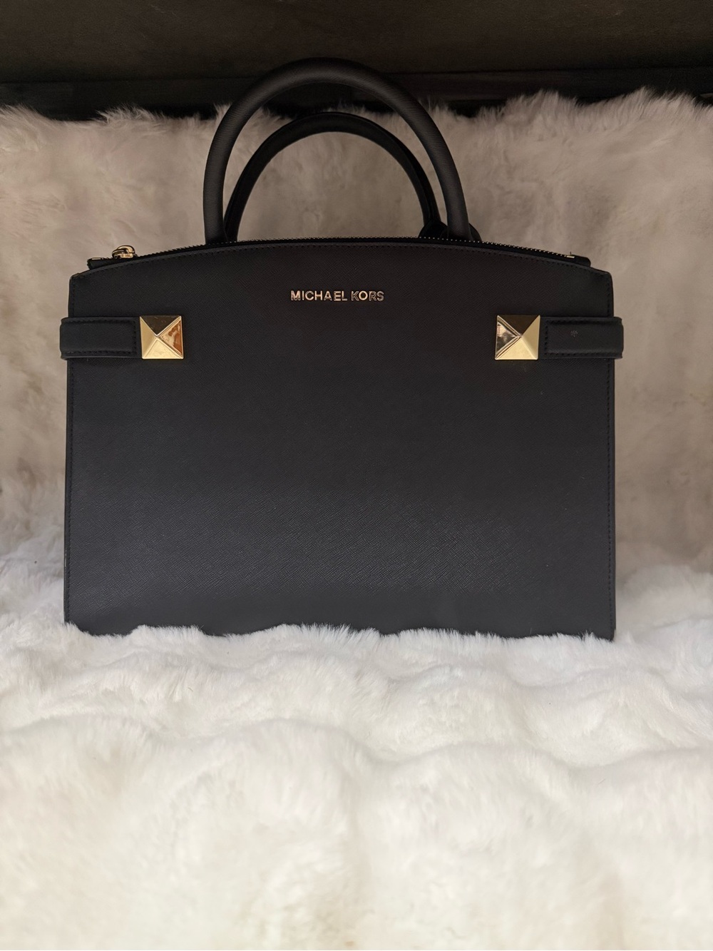 Michael Kors Black Saffiano Satchel with Gold Accents